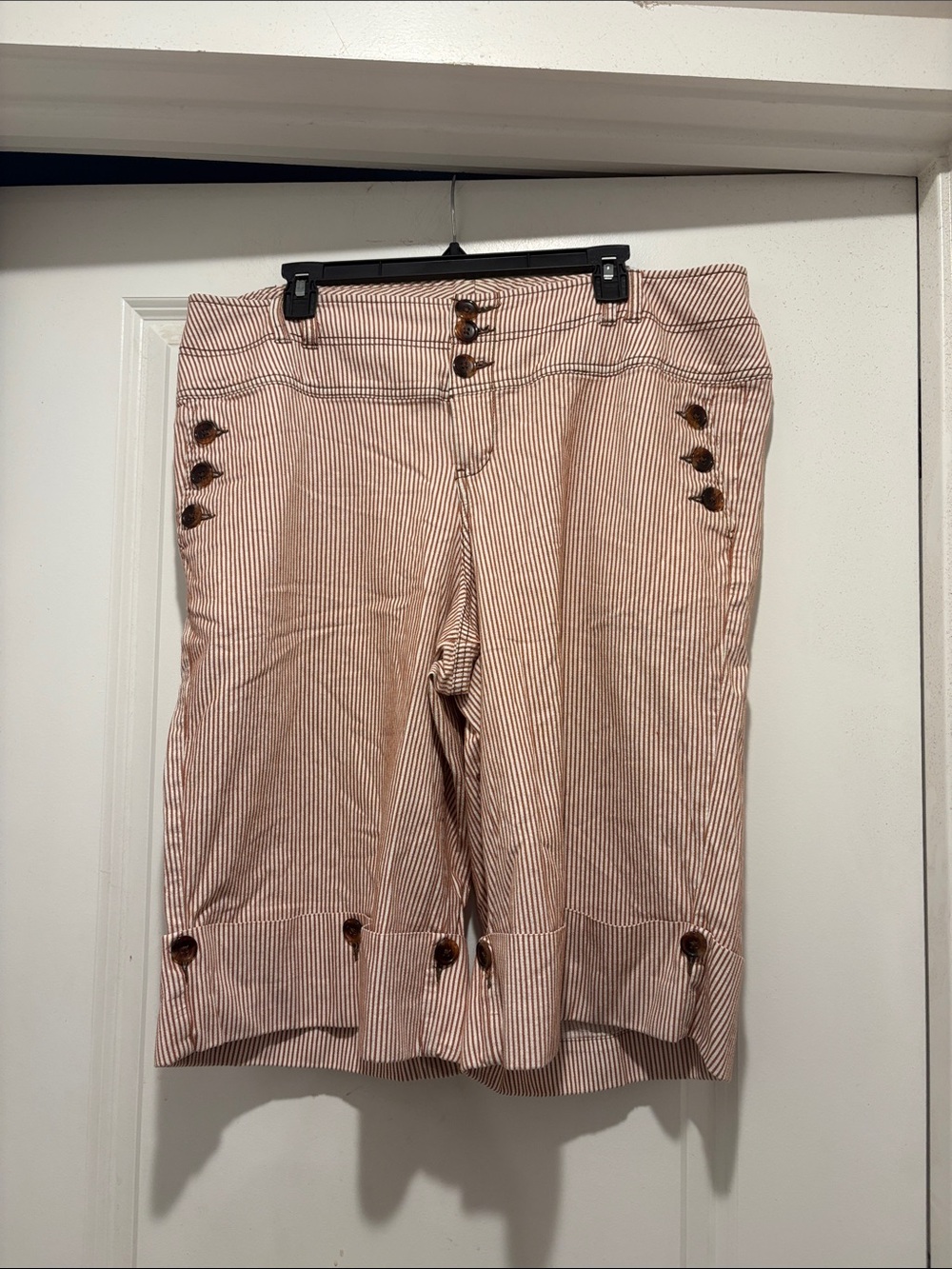 Venezia Brown-Striped Button Detail Capri Shorts